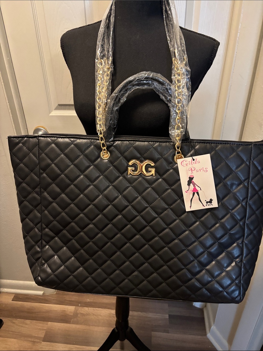 Gilda Paris Bag- Black Quilted Tote Bag with Gold Accents